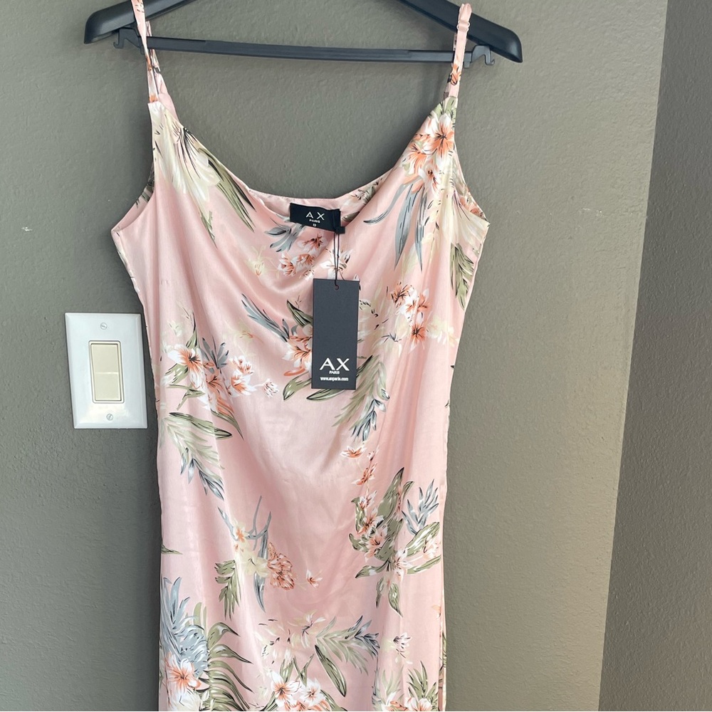 Pink cowl neck maxi satin dress with floral print